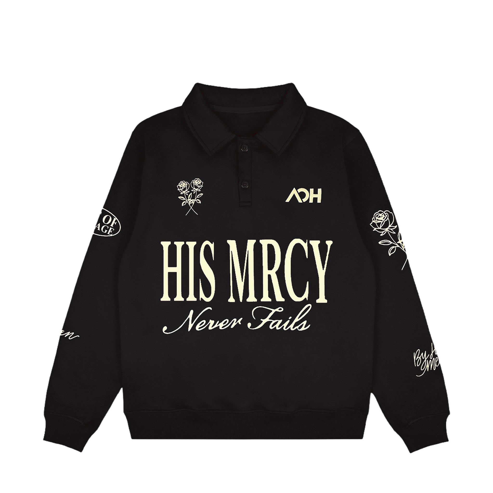 His MRCY Never Fails Collared Pullover-Black