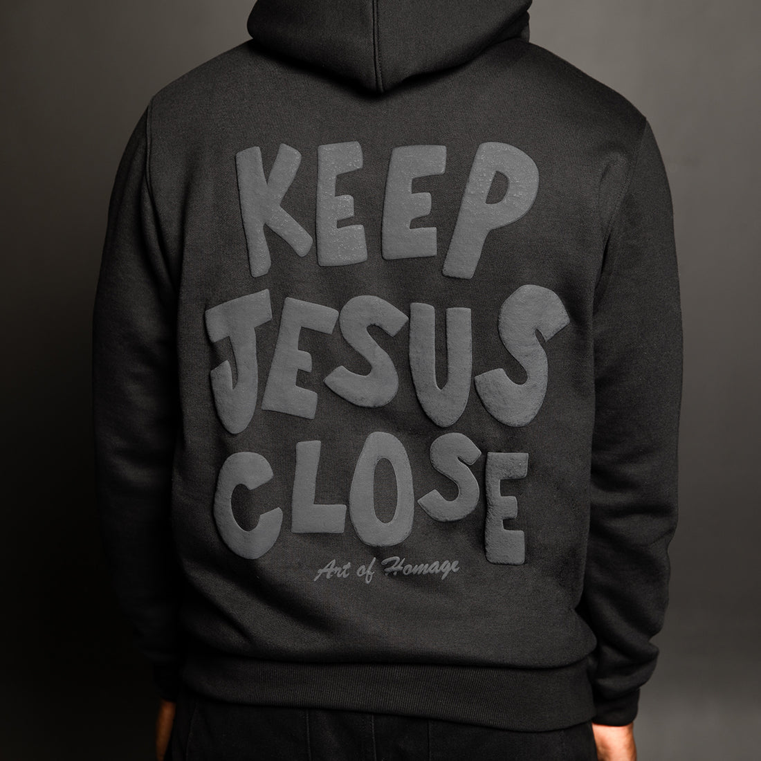 Keep Jesus Close Puff Print Hoodie-Black