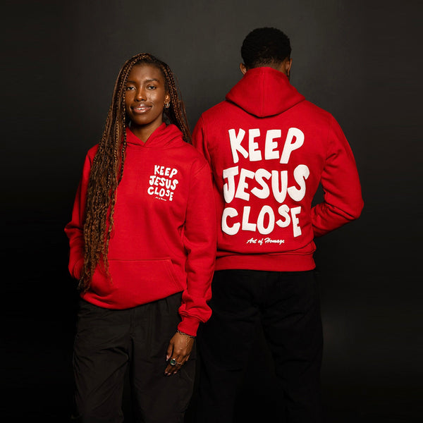 Keep Jesus Close Puff Print Hoodie-Red