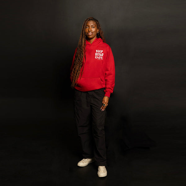 Keep Jesus Close Puff Print Hoodie-Red