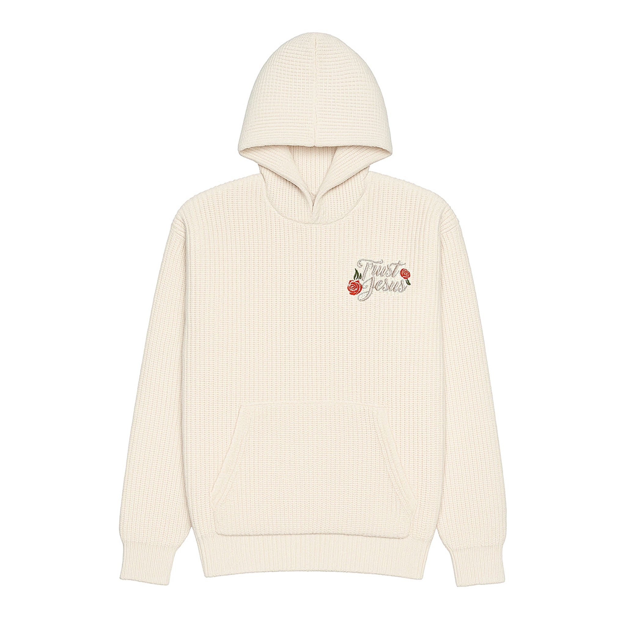 Chunky Knit Trust Jesus Hoodie- Cream