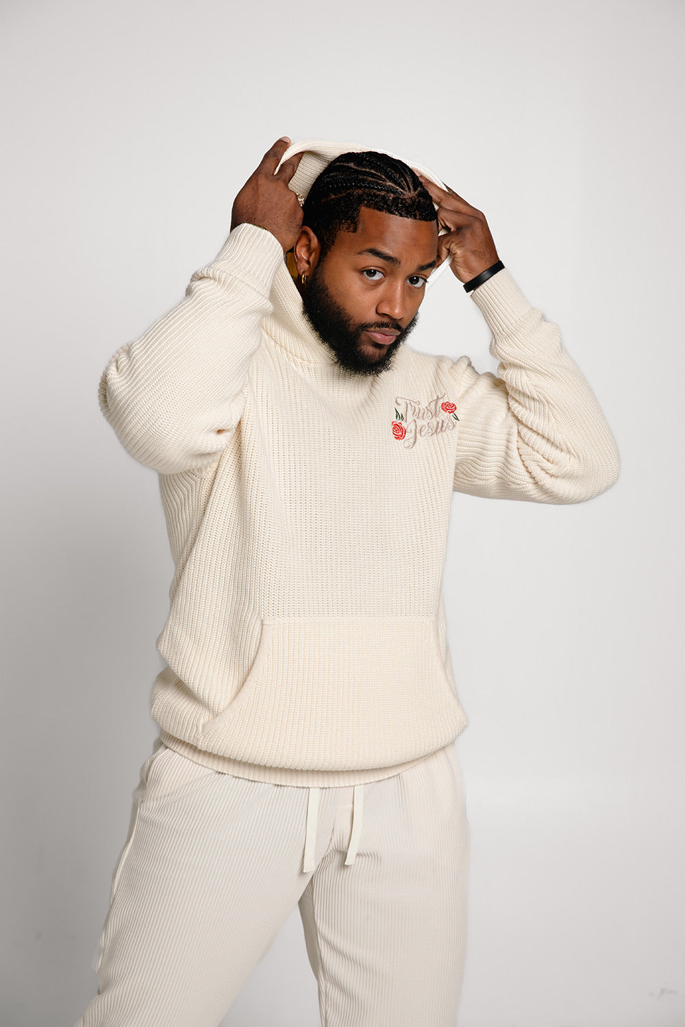 Chunky Knit Trust Jesus Hoodie- Cream