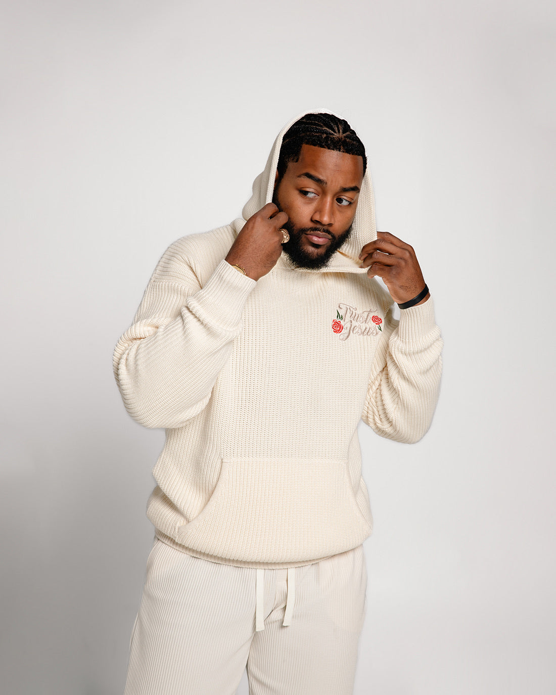 Chunky Knit Trust Jesus Hoodie- Cream