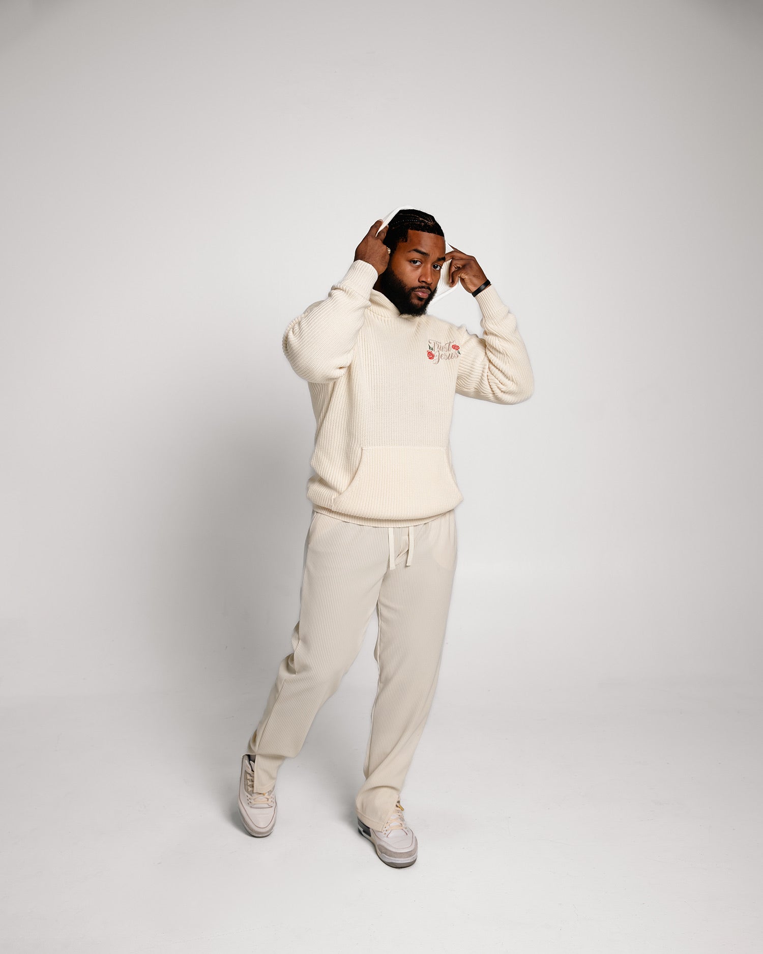 Chunky Knit Trust Jesus Hoodie- Cream