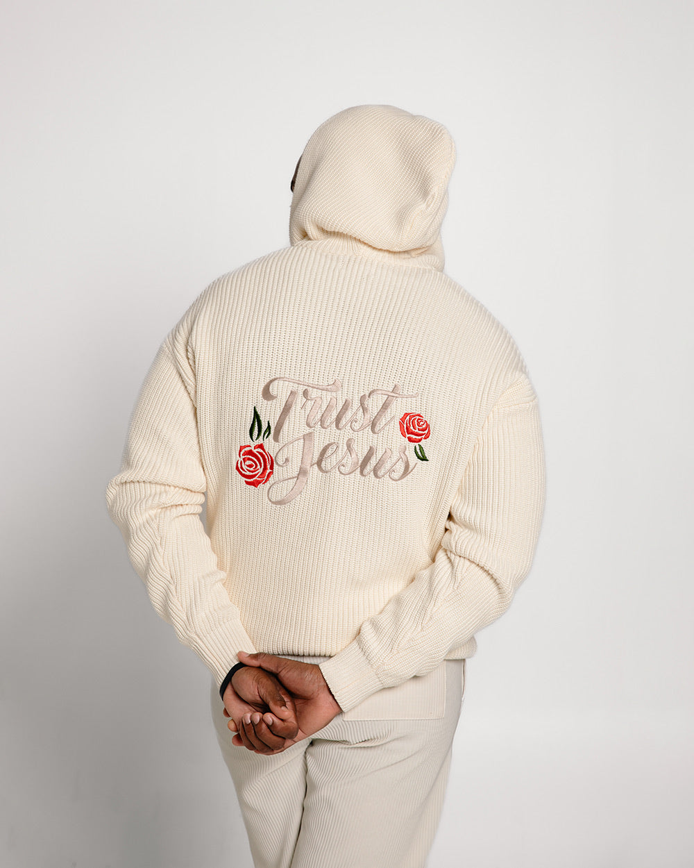 Chunky Knit Trust Jesus Hoodie- Cream