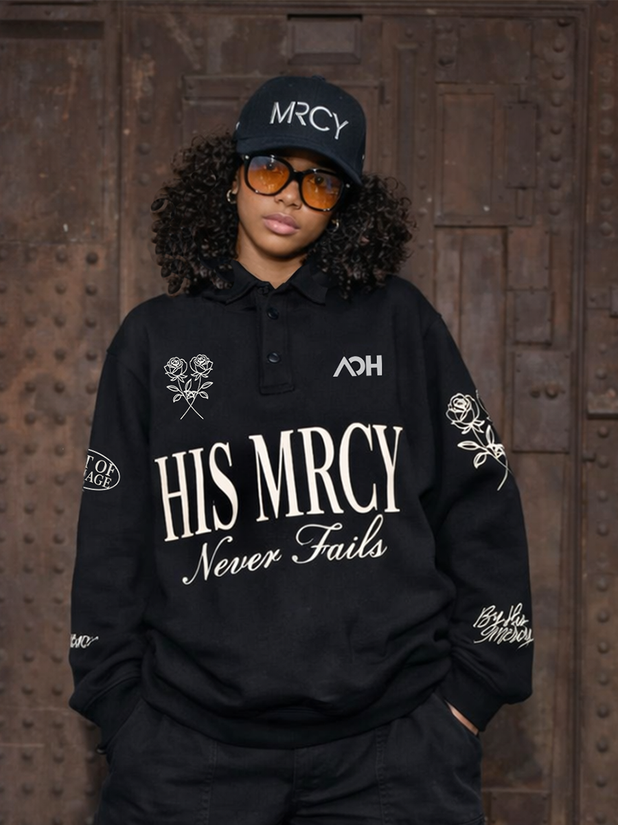 His MRCY Never Fails Collared Pullover-Black