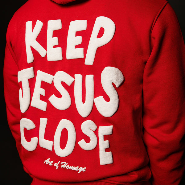 Keep Jesus Close Puff Print Hoodie-Red