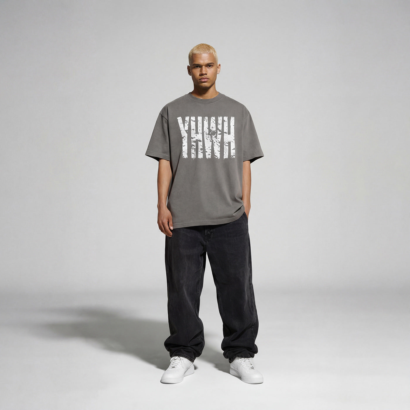 YHWH Distress Box Tee- Cement