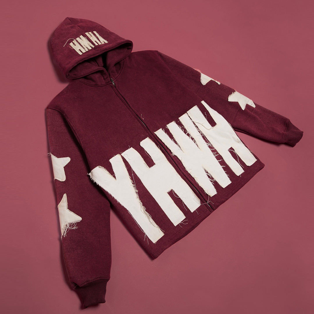 Distressed YHWH Star Zip Up-Maroon