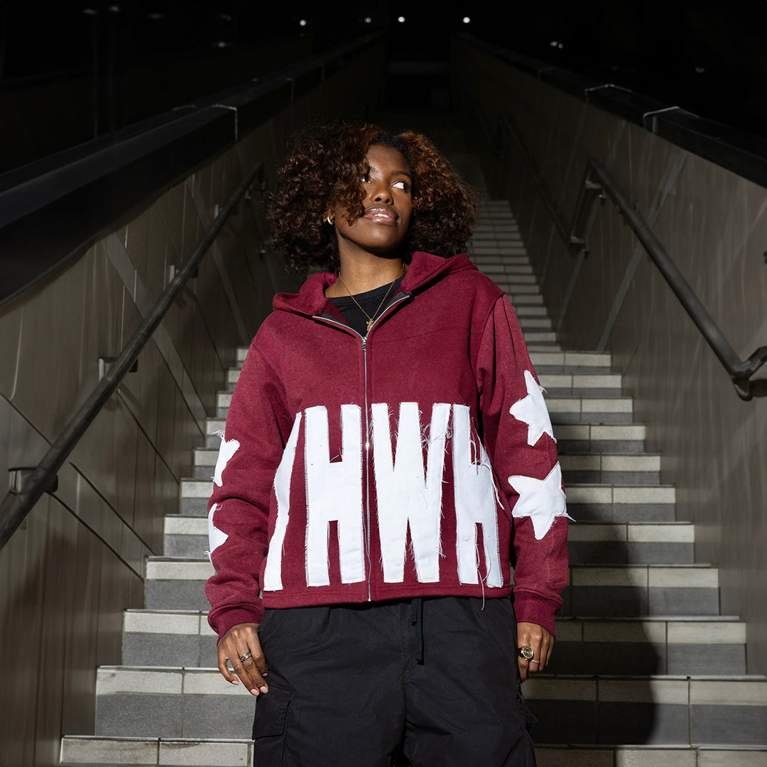 Distressed YHWH Star Zip Up-Maroon