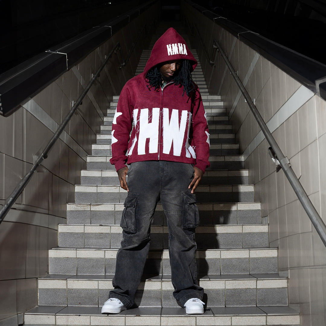 Distressed YHWH Star Zip Up-Maroon