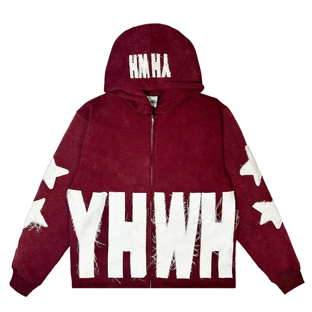 Distressed YHWH Star Zip Up-Maroon