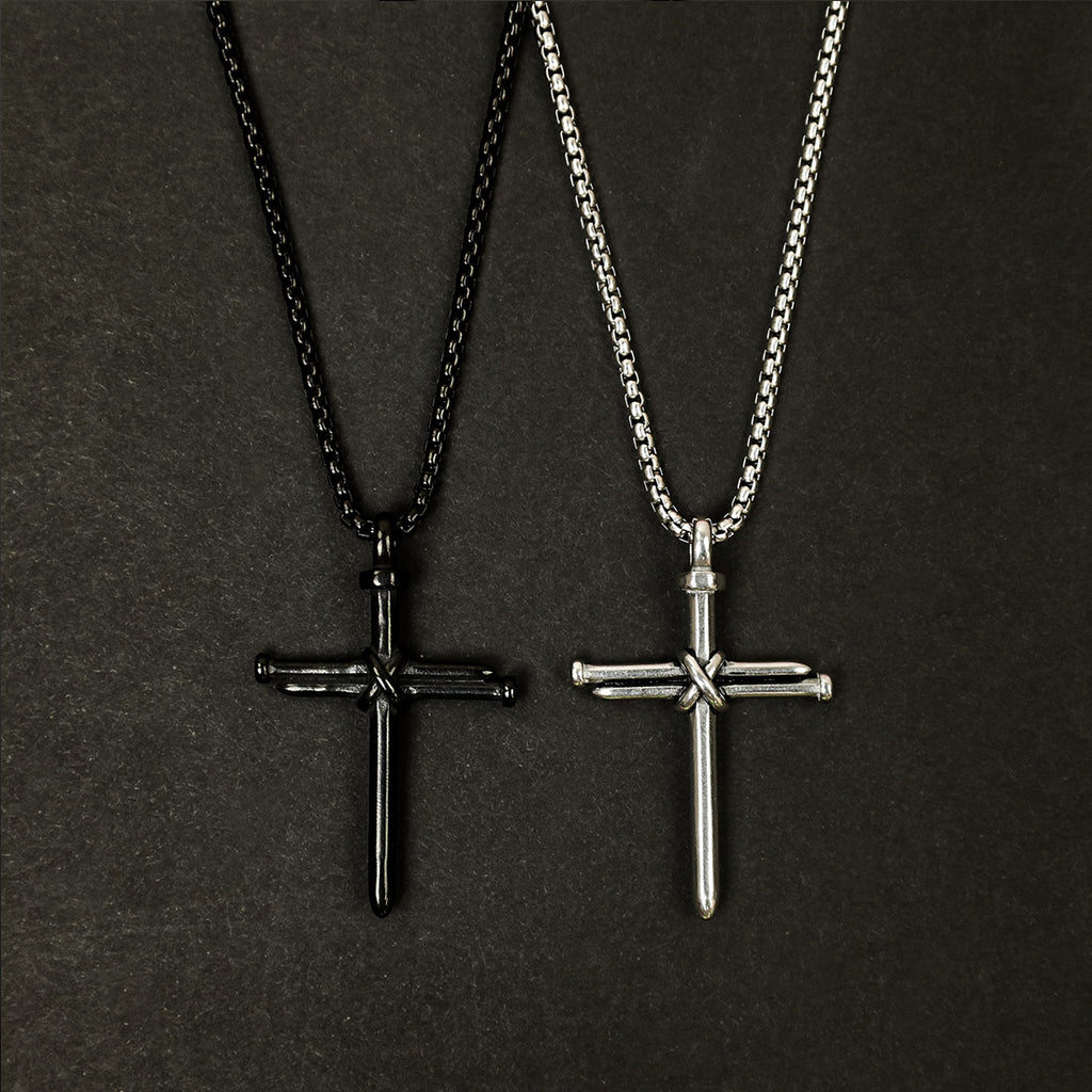 FORGIVEN JEWELRY 3 Nail Cross Pewter Antique Silver Metal Finish Pendant  Heavy Box Chain Necklace | Amazon.com